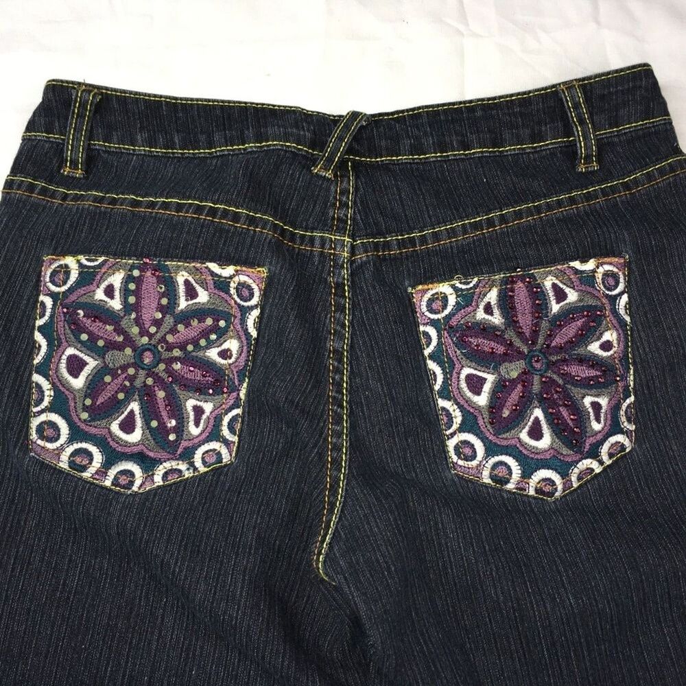 Brighton Blues Jeans Women’s 7 Capri Denim Boho Embroidered Sequin Pockets